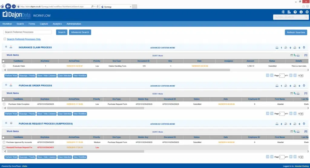 Screenshot of advanced work queue inside workflow automation platform provided by Dajon
